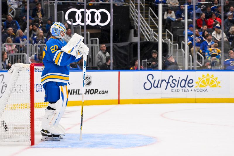 Oct 30, 2025; St. Louis, Missouri, USA; St. Louis Blues goaltender Jordan Binnington (50) looks on during the third period against the Vancouver Canucks at Enterprise Center. Mandatory Credit: Jeff Curry-Imagn Images