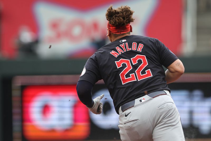 Jun 28, 2023; Kansas City, Missouri, USA; Cleveland Guardians first base Josh Naylor (22) runs to second base after hitting a double during the first inning against the Kansas City Royals at Kauffman Stadium. Mandatory Credit: William Purnell-USA TODAY Sports