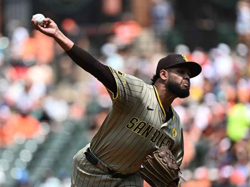 Jul 28, 2024; Baltimore, Maryland, USA;  San Diego Padres starting pitcher Randy Vasquez (98) delivers a first inning pitch against the Baltimore Orioles at Oriole Park at Camden Yards. Mandatory Credit: James A. Pittman-USA TODAY Sports