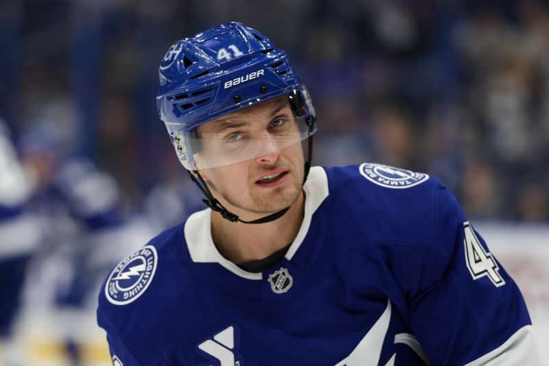 Mar 4, 2025; Tampa, Florida, USA; Tampa Bay Lightning right wing Mitchell Chaffee (41) warms up before a game against the Columbus Blue Jackets at Amalie Arena. Mandatory Credit: Nathan Ray Seebeck-Imagn Images