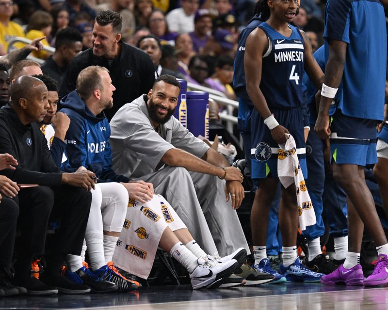 PALM SPRINGS, CA - OCTOBER 4: Rudy Gobert #27 of the Minnesota Timberwolves smiles during the game against the Los Angeles Lakers during an NBA preseason game on October 4, 2024 at Acrisure Arena in Palm Springs, California. NOTE TO USER: User expressly acknowledges and agrees that, by downloading and/or using this Photograph, user is consenting to the terms and conditions of the Getty Images License Agreement. Mandatory Copyright Notice: Copyright 2024 NBAE (Photo by Adam Pantozzi/NBAE via Getty Images)