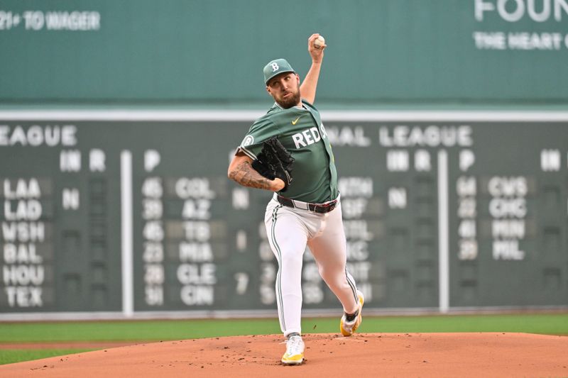 May 16, 2025; Boston, Massachusetts, USA; Boston Red Sox starting pitcher Garrett Crochet (35) throws against the Atlanta Braves during the first inning at Fenway Park. Mandatory Credit: Eric Canha-Imagn Images