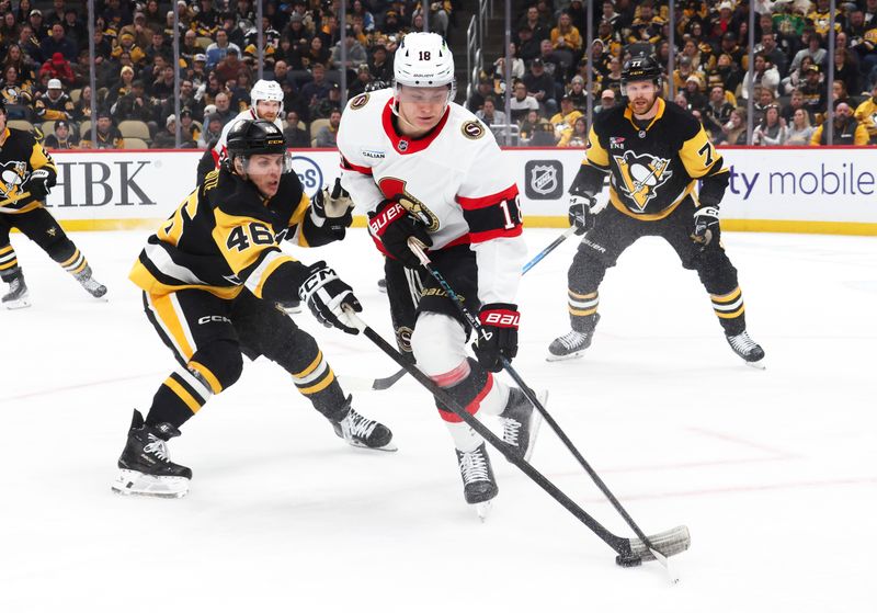 Feb 2, 2026; Pittsburgh, Pennsylvania, USA;  Ottawa Senators center Tim Stutzle (18) handles the puck as Pittsburgh Penguins center Blake Lizotte (46) defends during the second period at PPG Paints Arena. Mandatory Credit: Charles LeClaire-Imagn Images