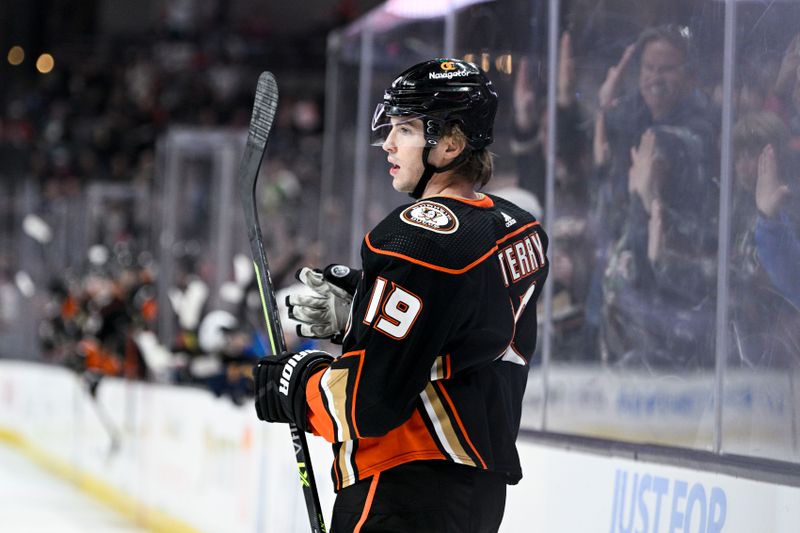 Mar 25, 2023; Anaheim, California, USA; Anaheim Ducks right wing Troy Terry (19) celebrates his goal against the St. Louis Blues during first period at Honda Center. Mandatory Credit: Kelvin Kuo-USA TODAY Sportsb