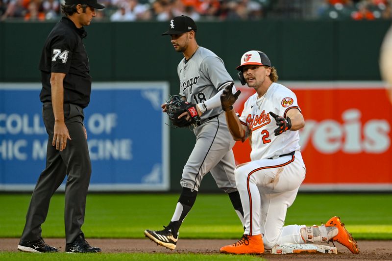 Sep 3, 2024; Baltimore, Maryland, USA; Baltimore Orioles shortstop Gunnar Henderson (2) reacts after hitting a first inning double ]against the Chicago White Sox  at Oriole Park at Camden Yards. Mandatory Credit: Tommy Gilligan-Imagn Images