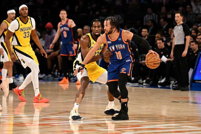 NEW YORK, NY - FEBRUARY 10: Jalen Brunson #11 of the New York Knicks dribbles the ball during the game against the Indiana Pacers on February 10, 2024 at Madison Square Garden in New York City, New York.  NOTE TO USER: User expressly acknowledges and agrees that, by downloading and or using this photograph, User is consenting to the terms and conditions of the Getty Images License Agreement. Mandatory Copyright Notice: Copyright 2024 NBAE  (Photo by David Dow/NBAE via Getty Images)