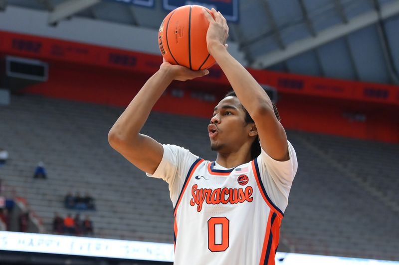 Dec 10, 2022; Syracuse, New York, USA; Syracuse Orange forward Chris Bell (0) shoots the ball against the Georgetown Hoyas during the second half at the JMA Wireless Dome. Mandatory Credit: Rich Barnes-USA TODAY Sports