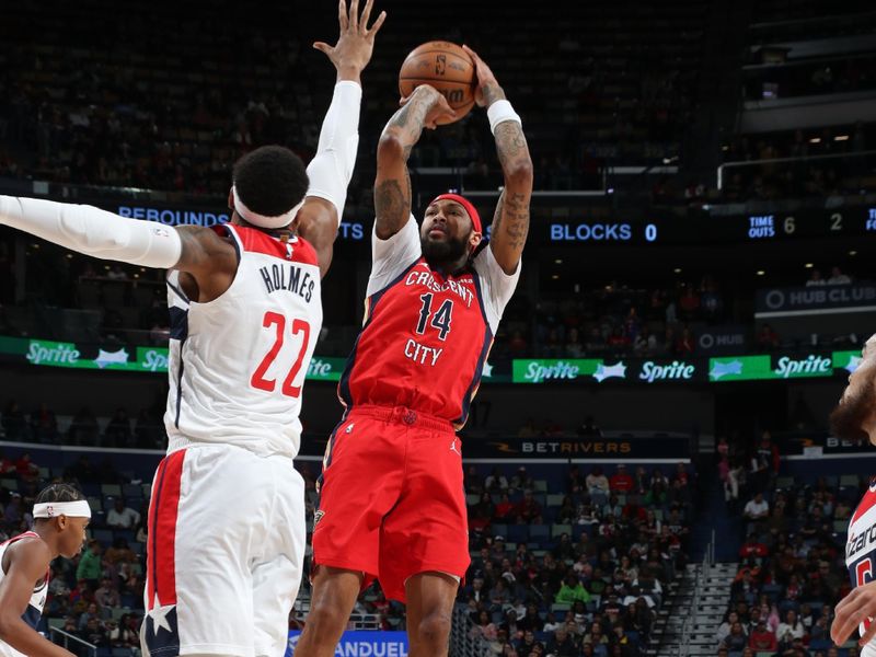 NEW ORLEANS, LA - FEBRUARY 14: Brandon Ingram #14 of the New Orleans Pelicans shoots the ball during the game against the Washington Wizards on February 14, 2024 at the Smoothie King Center in New Orleans, Louisiana. NOTE TO USER: User expressly acknowledges and agrees that, by downloading and or using this Photograph, user is consenting to the terms and conditions of the Getty Images License Agreement. Mandatory Copyright Notice: Copyright 2024 NBAE (Photo by Layne Murdoch Jr./NBAE via Getty Images)