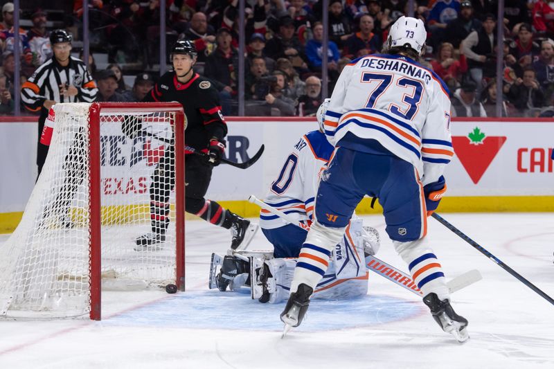 Mar 24, 2024; Ottawa, Ontario, CAN; Ottawa Senators defenseman Jakob Chychrun (6) scores against Edmonton Oilers goalie Calvin Pickard (30) in the first period at the Canadian Tire Centre. Mandatory Credit: Marc DesRosiers-USA TODAY Sports