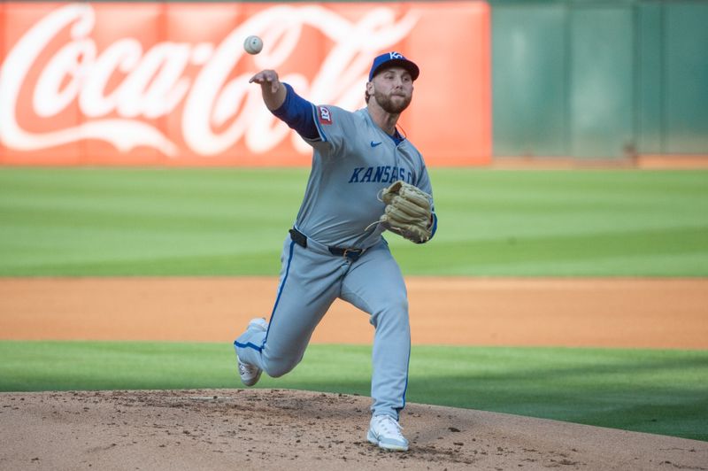 Jun 18, 2024; Oakland, California, USA; Kansas City Royals pitcher Alec Marsh (48) throws a pitch against the Oakland Athletics during the first inning at Oakland-Alameda County Coliseum. Mandatory Credit: Ed Szczepanski-USA TODAY Sports