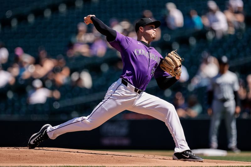 Aug 29, 2024; Denver, Colorado, USA; Colorado Rockies starting pitcher Bradley Blalock (64) pitches in the first inning against the Miami Marlins at Coors Field. Mandatory Credit: Isaiah J. Downing-USA TODAY Sports