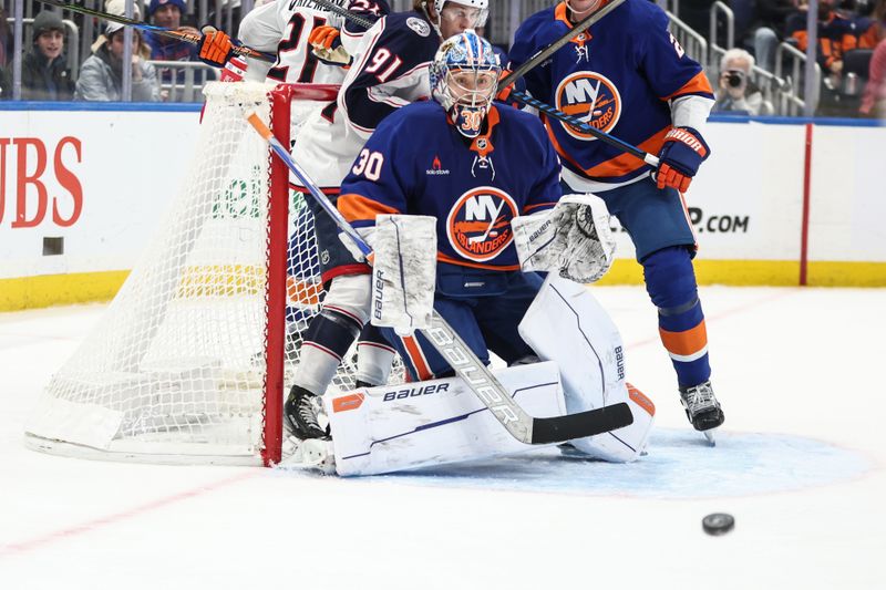 Jan 20, 2025; Elmont, New York, USA;  New York Islanders goaltender Ilya Sorokin (30) defends the net in the third period against the Columbus Blue Jackets at UBS Arena. Mandatory Credit: Wendell Cruz-Imagn Images