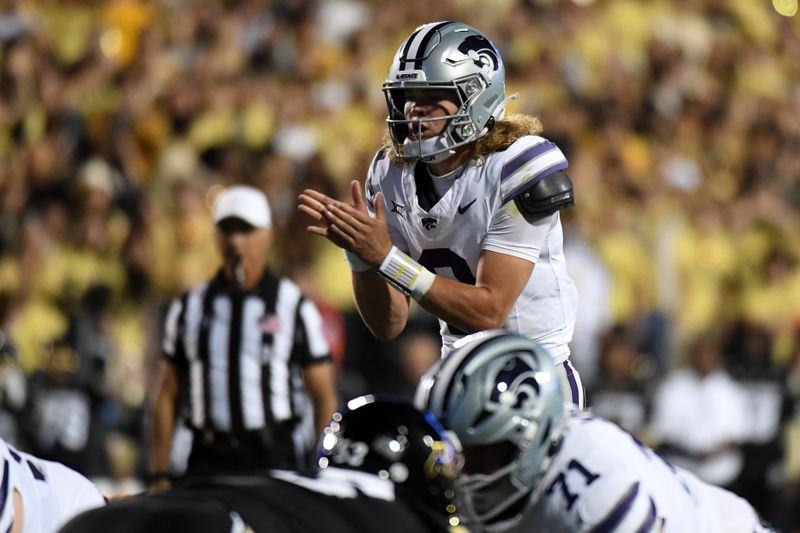 Oct 12, 2024; Boulder, Colorado, USA; Kansas State Wildcats quarterback Avery Johnson (2) calls for the snap during the first half against the Colorado Buffaloes at Folsom Field. Mandatory Credit: Christopher Hanewinckel-Imagn Images
