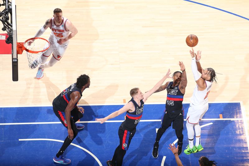 NEW YORK, NY - MARCH 25:  Jalen Brunson #11 of the New York Knicks shoots the ball during the game against the Detroit Pistons on March 25, 2024 at Madison Square Garden in New York City, New York.  NOTE TO USER: User expressly acknowledges and agrees that, by downloading and or using this photograph, User is consenting to the terms and conditions of the Getty Images License Agreement. Mandatory Copyright Notice: Copyright 2024 NBAE  (Photo by David L. Nemec /NBAE via Getty Images)