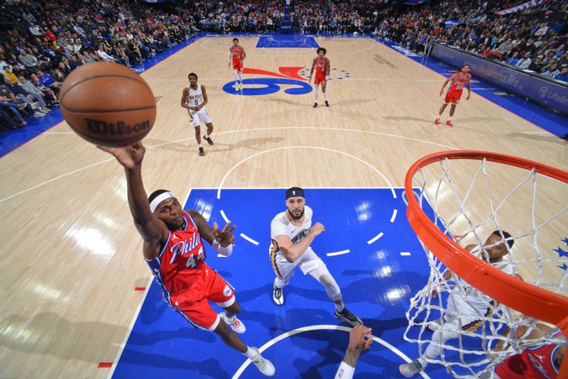 PHILADELPHIA, PA - MARCH 8: Paul Reed #44 of the Philadelphia 76ers drives to the basket during the game against the New Orleans Pelicans on March 8, 2024 at the Wells Fargo Center in Philadelphia, Pennsylvania NOTE TO USER: User expressly acknowledges and agrees that, by downloading and/or using this Photograph, user is consenting to the terms and conditions of the Getty Images License Agreement. Mandatory Copyright Notice: Copyright 2024 NBAE (Photo by Jesse D. Garrabrant/NBAE via Getty Images)