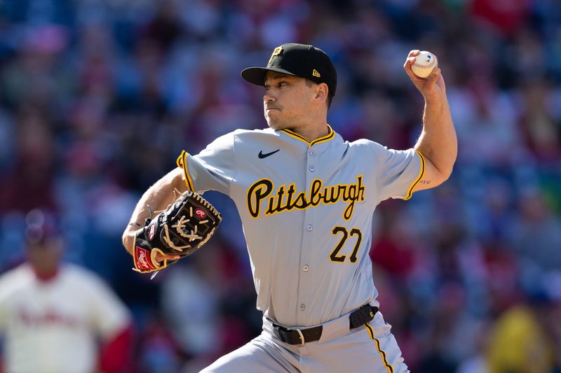 Apr 13, 2024; Philadelphia, Pennsylvania, USA; Pittsburgh Pirates pitcher Marco Gonzales (27) throws a pitch during the first inning against the Philadelphia Phillies at Citizens Bank Park. Mandatory Credit: Bill Streicher-USA TODAY Sports