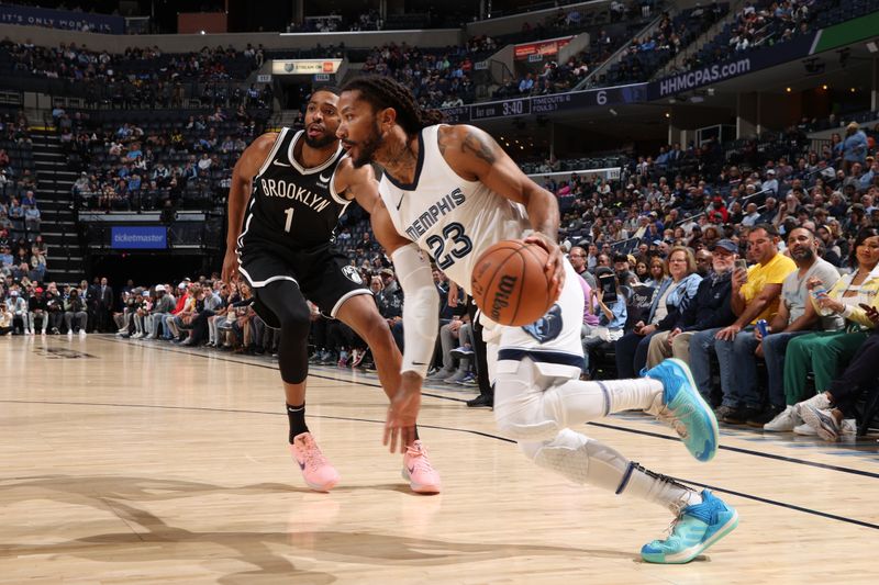 MEMPHIS, TN - February 26:  Derrick Rose #23 of the Memphis Grizzlies drives to the basket during the game against the Brooklyn Nets on February 26, 2024 at FedExForum in Memphis, Tennessee. NOTE TO USER: User expressly acknowledges and agrees that, by downloading and or using this photograph, User is consenting to the terms and conditions of the Getty Images License Agreement. Mandatory Copyright Notice: Copyright 2024 NBAE (Photo by Joe Murphy/NBAE via Getty Images)