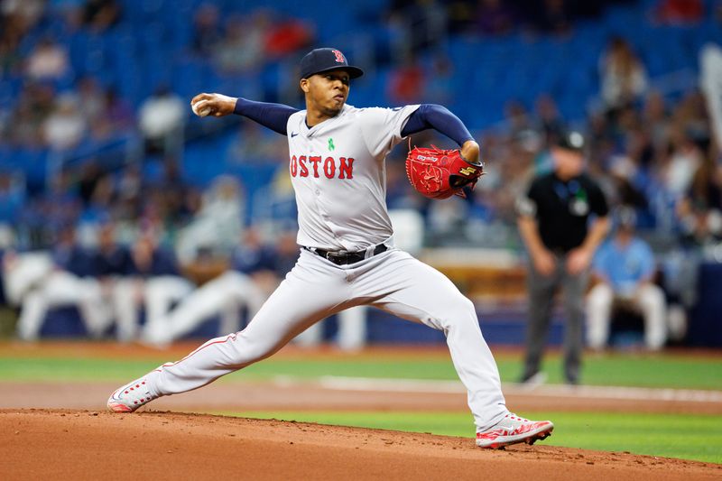 May 22, 2024; St. Petersburg, Florida, USA;  Boston Red Sox pitcher Brayan Bello (66) throws a pitch against the Tampa Bay Rays in the first inning at Tropicana Field. Mandatory Credit: Nathan Ray Seebeck-USA TODAY Sports