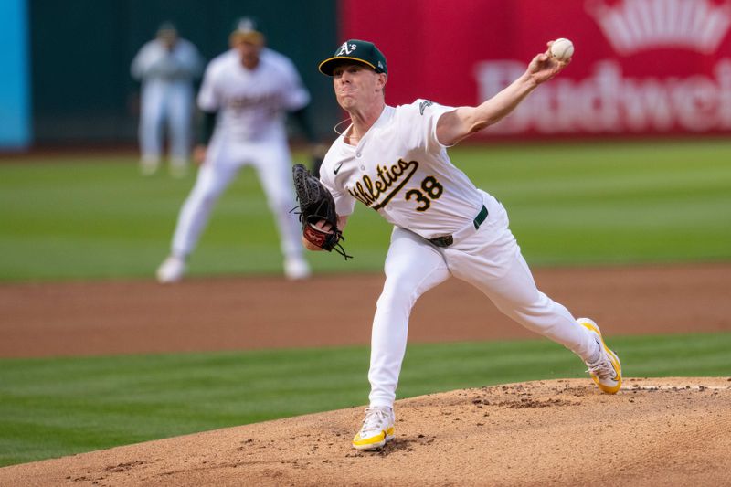 Aug 5, 2024; Oakland, California, USA;  Oakland Athletics starting pitcher JP Sears (38) delivers a pitch against the Chicago White Sox during the first inning at Oakland-Alameda County Coliseum. Mandatory Credit: Neville E. Guard-USA TODAY Sports