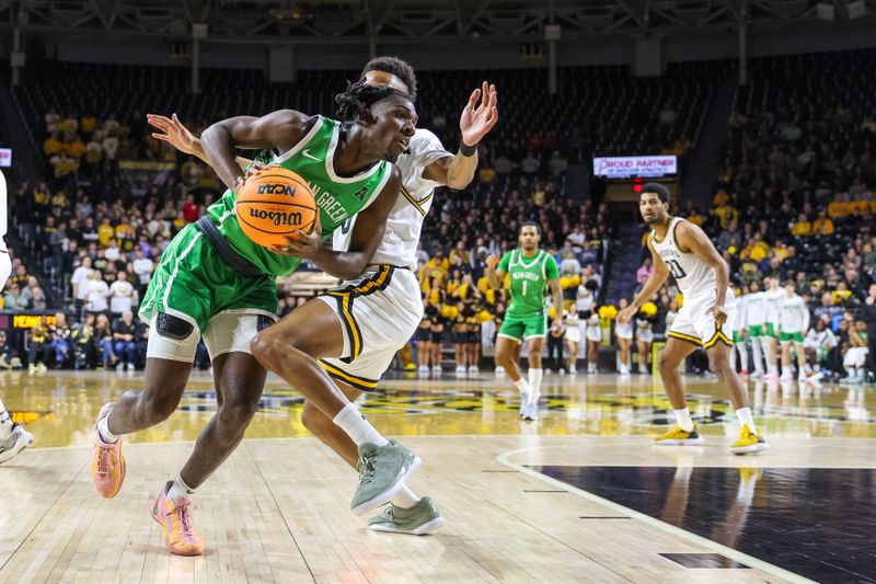 Jan 29, 2025; Wichita, Kansas, USA;  North Texas Mean Green guard Johnathan Massie (2) drives to the basket during the first half against the Wichita State Shockers at Charles Koch Arena. Mandatory Credit: William Purnell-Imagn Images