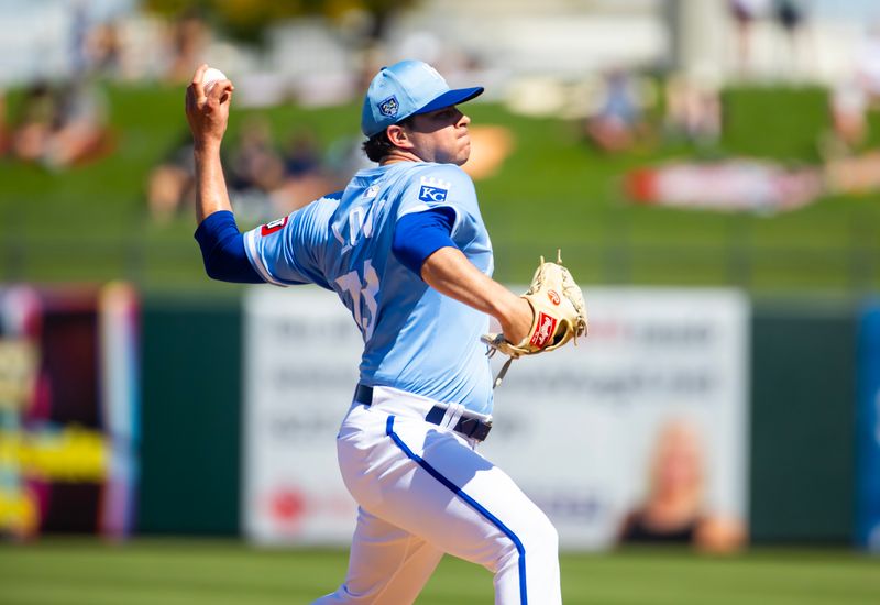 Mar 21, 2024; Surprise, Arizona, USA; Kansas City Royals pitcher Sam Long against the Chicago White Sox during a spring training baseball game at Surprise Stadium. Mandatory Credit: Mark J. Rebilas-USA TODAY Sports