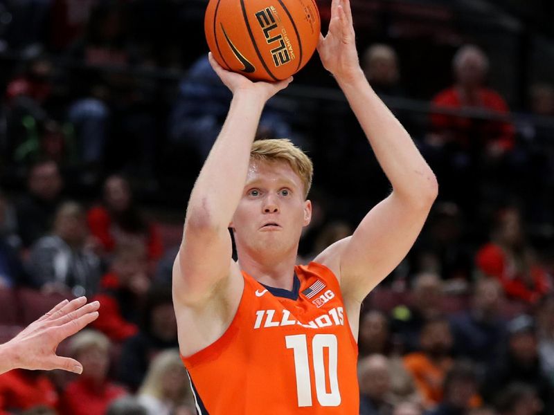 Jan 30, 2024; Columbus, Ohio, USA; Illinois Fighting Illini guard Luke Goode (10) shoots the ball as Ohio State Buckeyes forward Jamison Battle (10) defends during the first half at Value City Arena. Mandatory Credit: Joseph Maiorana-USA TODAY Sports