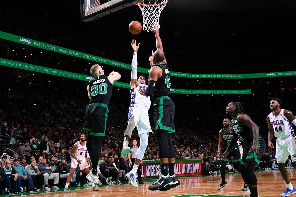 BOSTON, MA - DECEMBER 1: Tobias Harris #12 of the Philadelphia 76ers drives to the basket during the game against the Boston Celtics on December 1, 2023 at the TD Garden in Boston, Massachusetts. NOTE TO USER: User expressly acknowledges and agrees that, by downloading and or using this photograph, User is consenting to the terms and conditions of the Getty Images License Agreement. Mandatory Copyright Notice: Copyright 2023 NBAE  (Photo by Brian Babineau/NBAE via Getty Images)