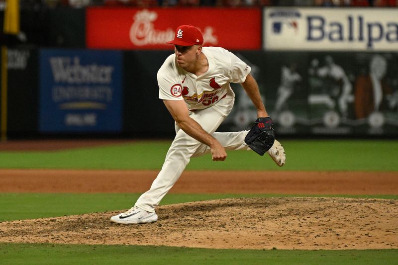 Jul 13, 2024; St. Louis, Missouri, USA; St. Louis Cardinals relief pitcher Ryan Helsley (56) throw against the Chicago Cubs during the ninth inning at Busch Stadium. Mandatory Credit: Jeff Le-USA TODAY Sports