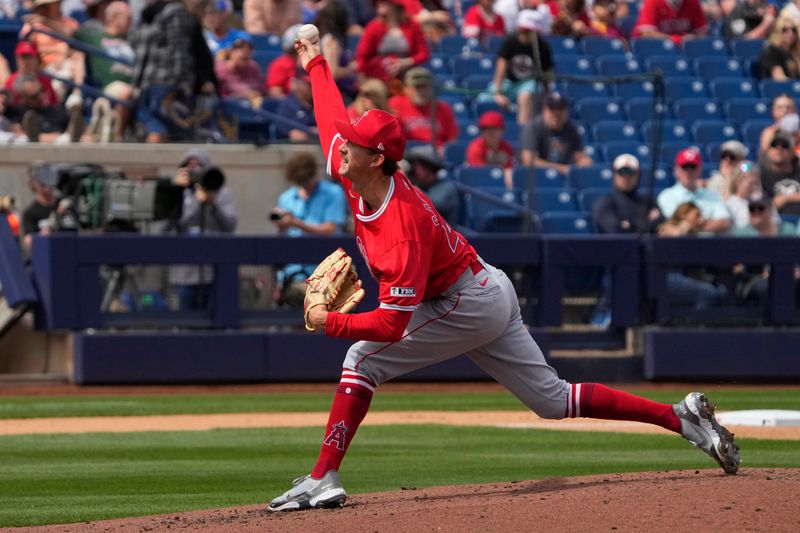 Mar 18, 2024; Phoenix, Arizona, USA; Los Angeles Angels starting pitcher Griffin Canning (47) throws against the Milwaukee Brewers in the second inning at American Family Fields of Phoenix. Mandatory Credit: Rick Scuteri-USA TODAY Sports