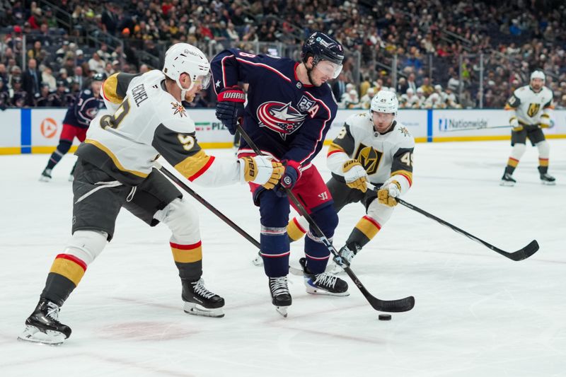 Dec 13, 2025; Columbus, Ohio, USA;  Columbus Blue Jackets defenseman Zach Werenski (8) skates with the puck against Vegas Golden Knights center Jack Eichel (9) and left wing Ivan Barbashev (49) in the third period at Nationwide Arena. Mandatory Credit: Aaron Doster-Imagn Images