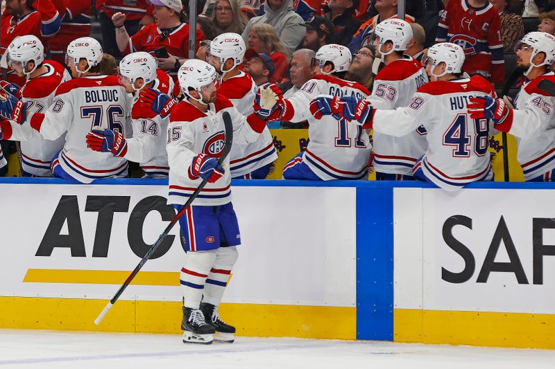 Oct 23, 2025; Edmonton, Alberta, CAN; The Montreal Canadiens celebrate a goal scored by forward Alex Newhook (15) during the third period against the Edmonton Oilers at Rogers Place. Mandatory Credit: Perry Nelson-Imagn Images