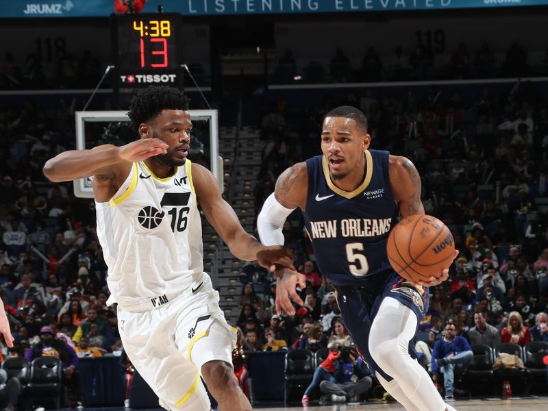 NEW ORLEANS, LA - JANUARY 17:  Dejounte Murray #5 of the New Orleans Pelicans dribbles the ball during the game against the Utah Jazz on January 17, 2025 at the Smoothie King Center in New Orleans, Louisiana. NOTE TO USER: User expressly acknowledges and agrees that, by downloading and or using this Photograph, user is consenting to the terms and conditions of the Getty Images License Agreement. Mandatory Copyright Notice: Copyright 2025 NBAE (Photo by Layne Murdoch Jr./NBAE via Getty Images)