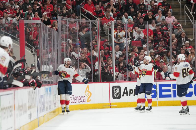 May 22, 2025; Raleigh, North Carolina, USA; Florida Panthers forward Carter Verhaeghe (23) celebrates a goal during the first period against the Carolina Hurricanes in game two of the Eastern Conference Final of the 2025 Stanley Cup Playoffs at Lenovo Center. Mandatory Credit: James Guillory-Imagn Images