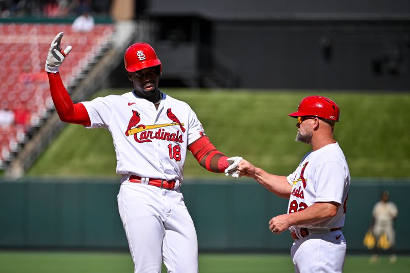 Aug 30, 2023; St. Louis, Missouri, USA;  St. Louis Cardinals right fielder Jordan Walker (18) reacts after hitting a single against the San Diego Padres during the eighth inning at Busch Stadium. Mandatory Credit: Jeff Curry-USA TODAY Sports