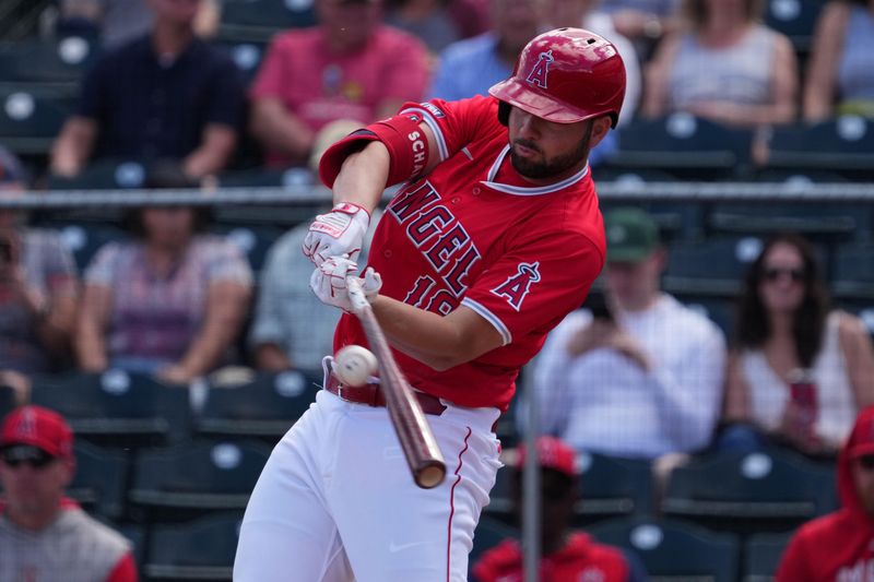 Mar 3, 2024; Tempe, Arizona, USA; Los Angeles Angels first baseman Nolan Schanuel (18) bats against the Chicago White Sox during the first inning at Tempe Diablo Stadium. Mandatory Credit: Joe Camporeale-USA TODAY Sports