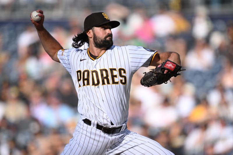 Jun 24, 2023; San Diego, California, USA; San Diego Padres starting pitcher Matt Waldron (61) throws a pitch against the Washington Nationals during the first inning at Petco Park. Mandatory Credit: Orlando Ramirez-USA TODAY Sports