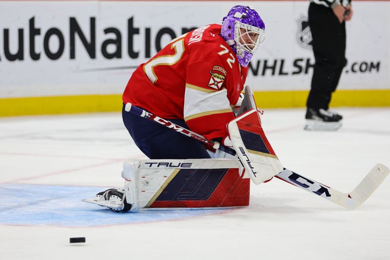 Nov 14, 2024; Sunrise, Florida, USA; Florida Panthers goaltender Sergei Bobrovsky (72) looks on after making a save against the New Jersey Devils during the first period at Amerant Bank Arena. Mandatory Credit: Sam Navarro-Imagn Images