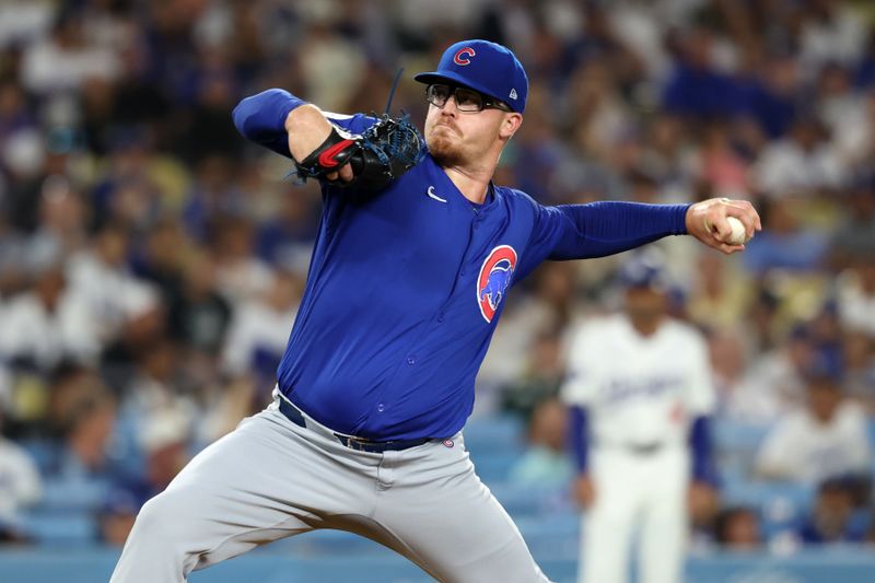 Sep 11, 2024; Los Angeles, California, USA;  Chicago Cubs starting pitcher Jordan Wicks (36) pitches during the first inning against the Los Angeles Dodgers at Dodger Stadium. Mandatory Credit: Kiyoshi Mio-Imagn Images