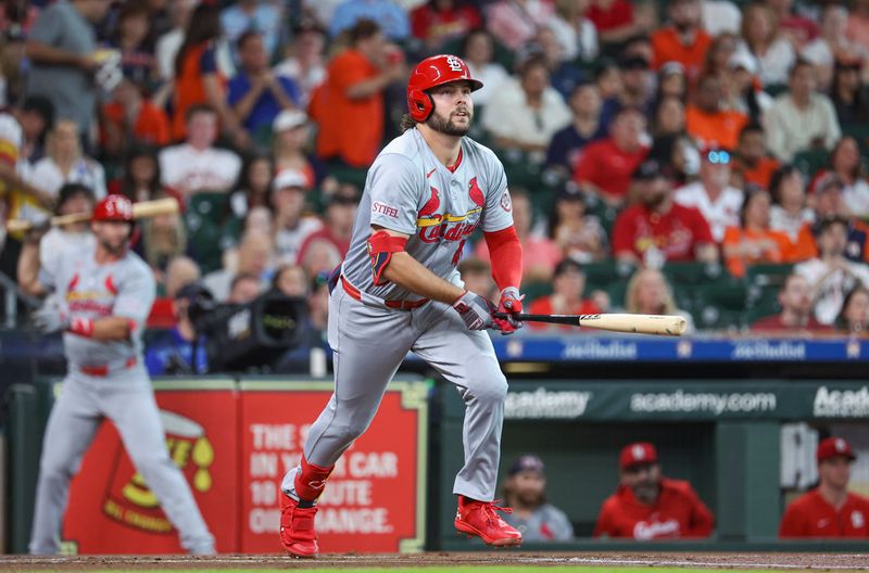 Jun 3, 2024; Houston, Texas, USA; St. Louis Cardinals right fielder Alec Burleson (41) hits a home run during the first inning against the Houston Astros at Minute Maid Park. Mandatory Credit: Troy Taormina-USA TODAY Sports