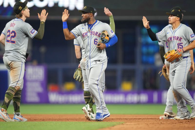 May 19, 2024; Miami, Florida, USA;  New York Mets outfielder Starling Marte (6) and teammates celebrate a victory over the Miami Marlins at loanDepot Park. Mandatory Credit: Jim Rassol-USA TODAY Sports