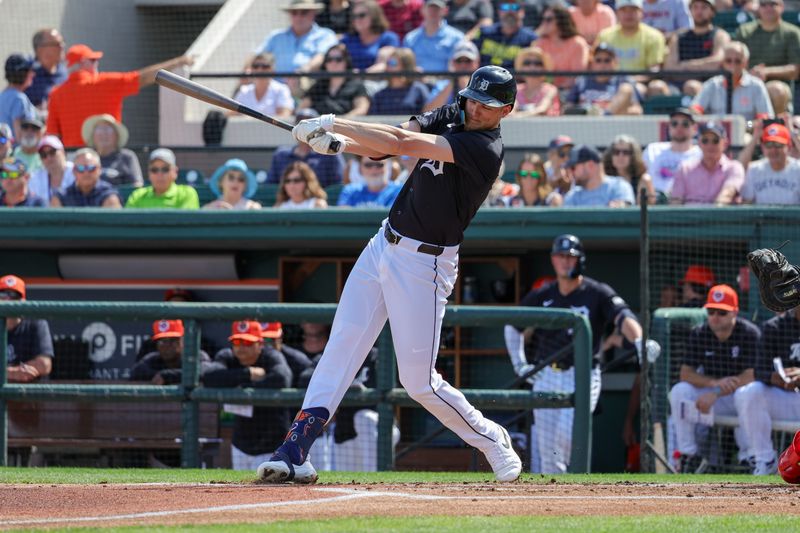 Mar 4, 2024; Lakeland, Florida, USA; Detroit Tigers designated hitter Parker Meadows (22) bats during the first inning against the Boston Red Sox at Publix Field at Joker Marchant Stadium. Mandatory Credit: Mike Watters-USA TODAY Sports