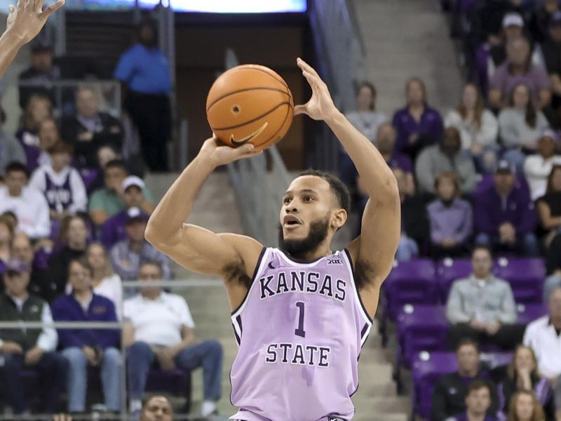 Jan 14, 2023; Fort Worth, Texas, USA;  Kansas State Wildcats guard Markquis Nowell (1) shoots during the second half against the TCU Horned Frogs at Ed and Rae Schollmaier Arena. Mandatory Credit: Kevin Jairaj-USA TODAY Sports