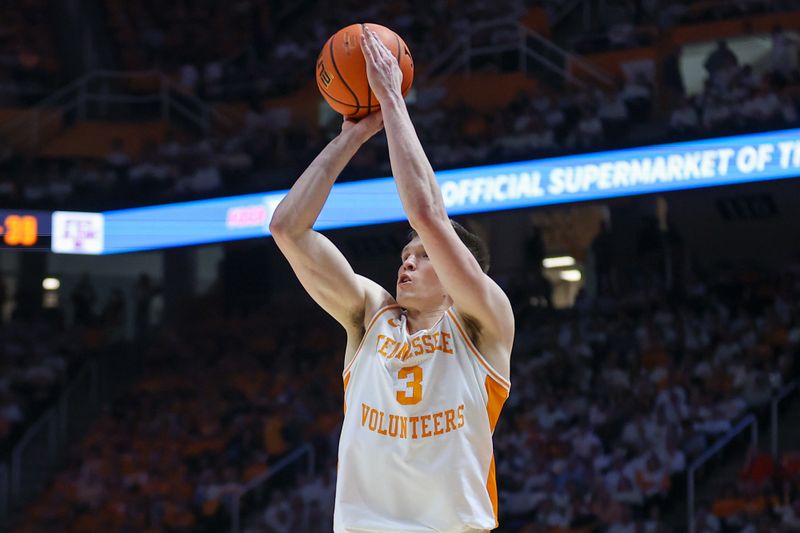 Feb 24, 2024; Knoxville, Tennessee, USA; Tennessee Volunteers guard Dalton Knecht (3) shoots a three pointer against the Texas A&M Aggies during the second half at Thompson-Boling Arena at Food City Center. Mandatory Credit: Randy Sartin-USA TODAY Sports