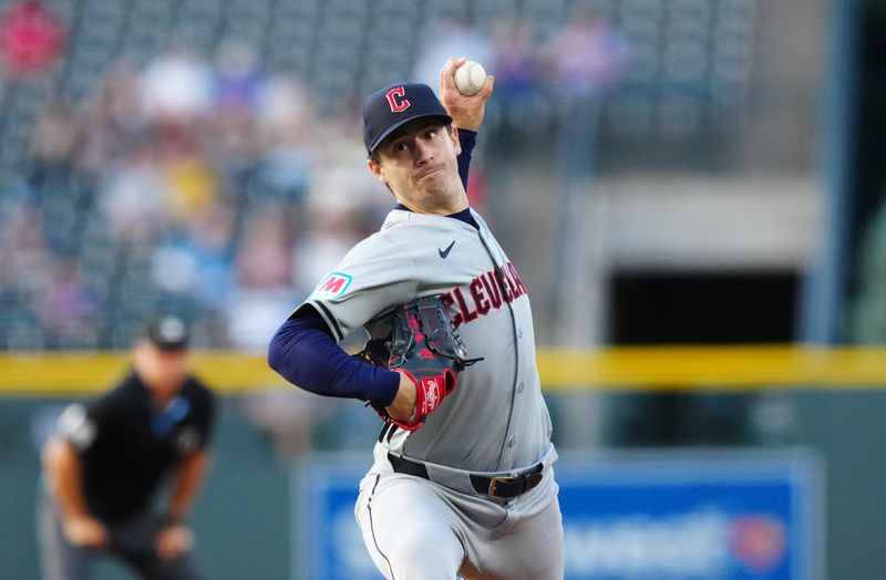 May 29, 2024; Denver, Colorado, USA; Cleveland Guardians pitcher Logan Allen (41) delivers a pitch in the first inning against the Colorado Rockies at Coors Field. Mandatory Credit: Ron Chenoy-USA TODAY Sports