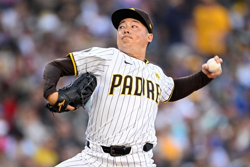 Apr 10, 2024; San Diego, California, USA; San Diego Padres relief pitcher Yuki Matsui (1) throws a pitch against the Chicago Cubs during the seventh inning at Petco Park. Mandatory Credit: Orlando Ramirez-USA TODAY Sports