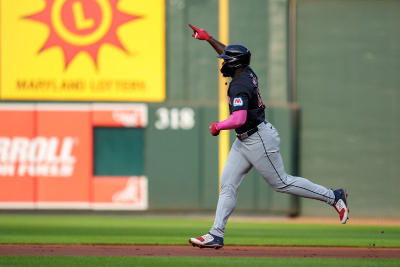 Jun 26, 2024; Baltimore, Maryland, USA; Cleveland Guardians outfield Jhonkensy Noel (43) celebrates after hitting a home run during the second inning against the Baltimore Orioles at Oriole Park at Camden Yards. Mandatory Credit: Reggie Hildred-USA TODAY Sports