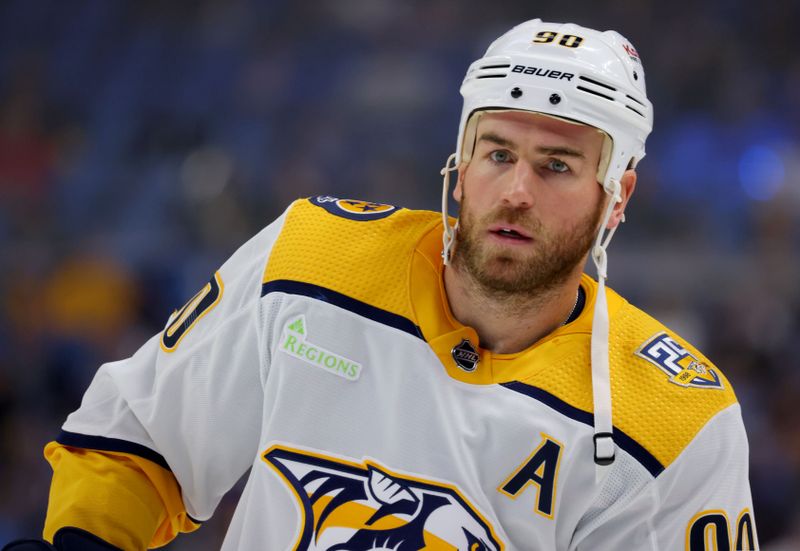 Dec 3, 2023; Buffalo, New York, USA;  Nashville Predators center Ryan O'Reilly (90) during a stoppage in play against the Buffalo Sabres during the second period at KeyBank Center. Mandatory Credit: Timothy T. Ludwig-USA TODAY Sports