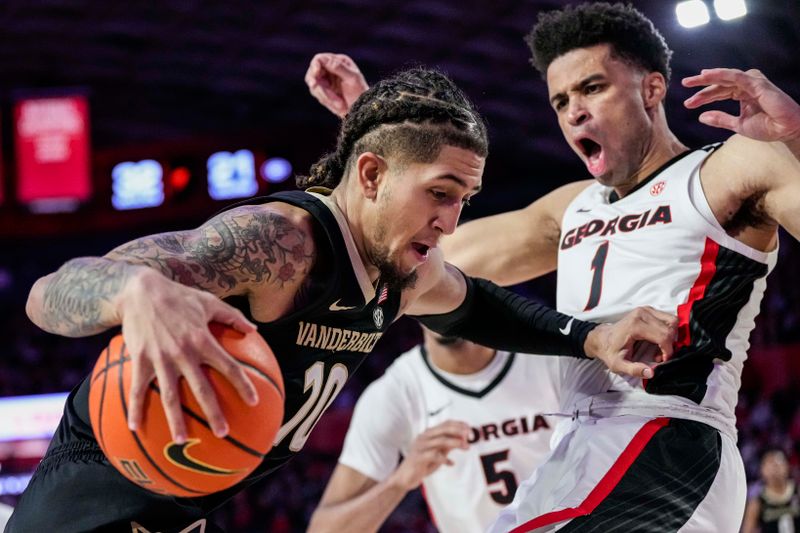 Jan 21, 2023; Athens, Georgia, USA; Vanderbilt Commodores forward Myles Stute (10) is called for a charging foul on Georgia Bulldogs guard Jabri Abdur-Rahim (1) during the first half at Stegeman Coliseum. Mandatory Credit: Dale Zanine-USA TODAY Sports