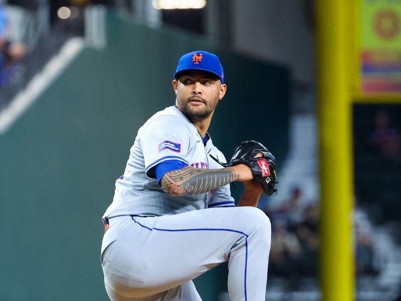 Jun 19, 2024; Arlington, Texas, USA; New York Mets starting pitcher Sean Manaea (59) throws during the first inning against the Texas Rangers at Globe Life Field. Mandatory Credit: Kevin Jairaj-USA TODAY Sports