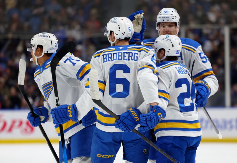 Nov 6, 2025; Buffalo, New York, USA;  St. Louis Blues right wing Mathieu Joseph (71) celebrates his goal with teammates during the first period against the Buffalo Sabres at KeyBank Center. Mandatory Credit: Timothy T. Ludwig-Imagn Images